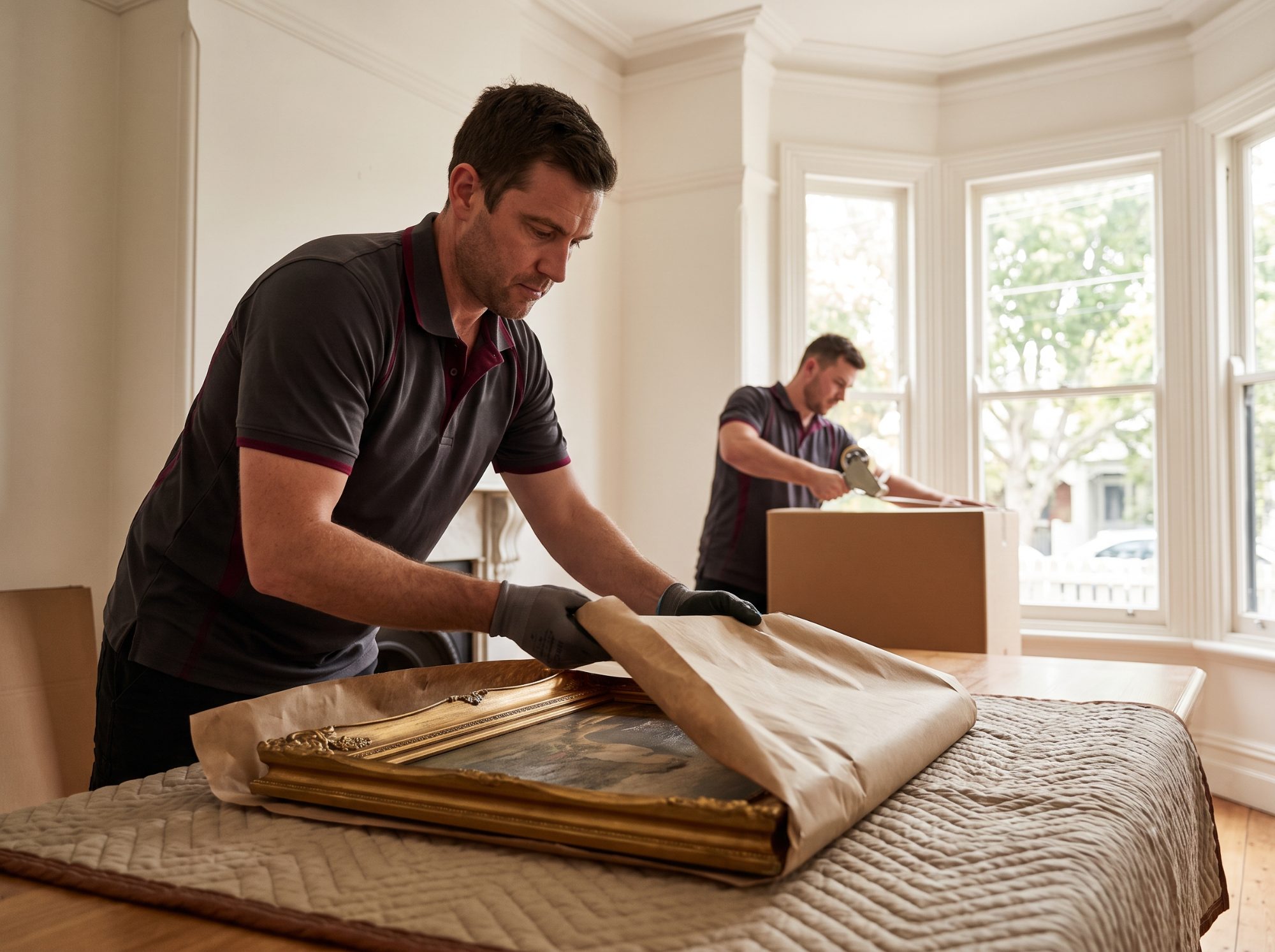 Removalist carefully wrapping a framed painting in packing paper