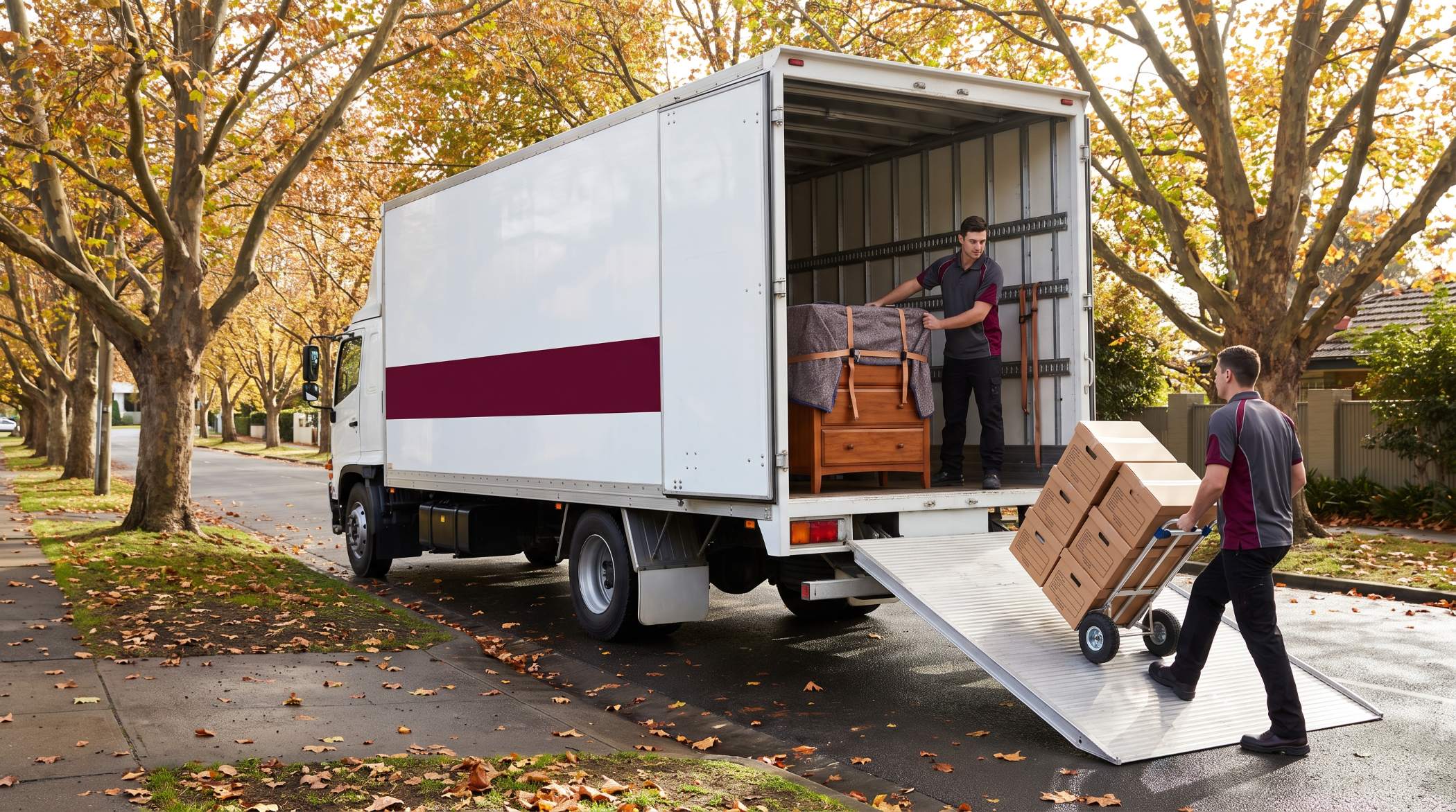 Removalists loading a removal truck on a tree lined street